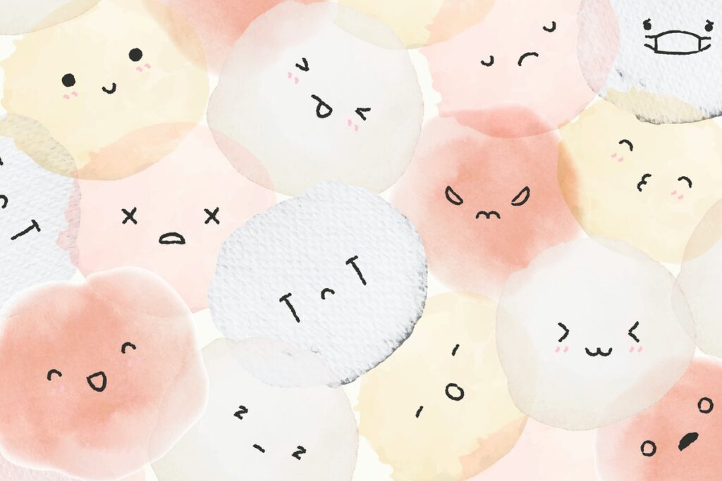 Cute emoticons background vector with diverse feelings in doodle style
